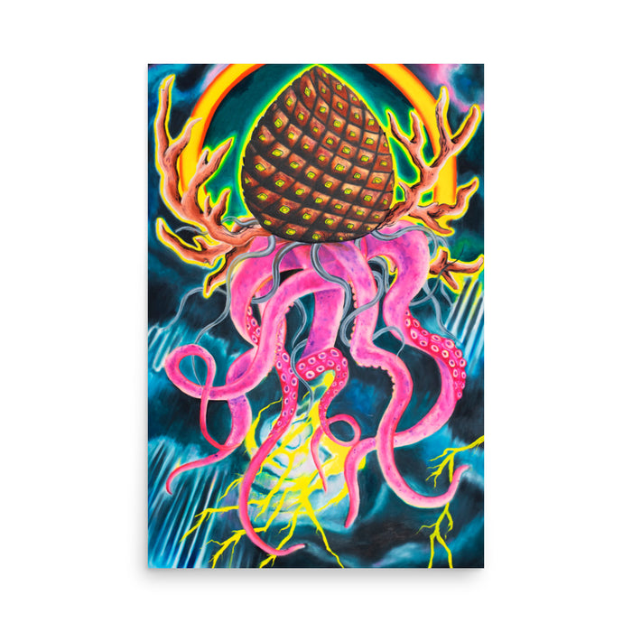 bright colorful oil painting of a massive pine cone with eyes on each segment with elk antlers and octopus tentacles hanging from below it hovering in front of a Tibetan  halo with a thunderstorm behind it.