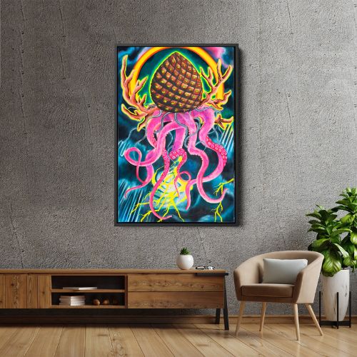 bright colorful oil painting of a massive pine cone with eyes on each segment with elk antlers and octopus tentacles hanging from below it hovering in front of a Tibetan  halo with a thunderstorm behind it on a living room wall