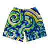 shorts with an all over print of watercolor circular art in greens and blues