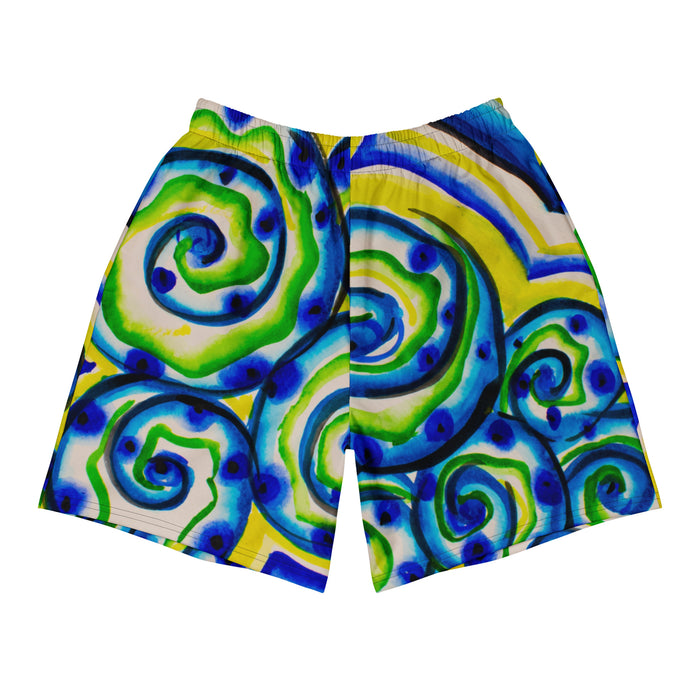 shorts with an all over print of watercolor circular art in greens and blues