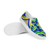 womens slip on canvas shoes with all over multicolored print in swirling blues and greens