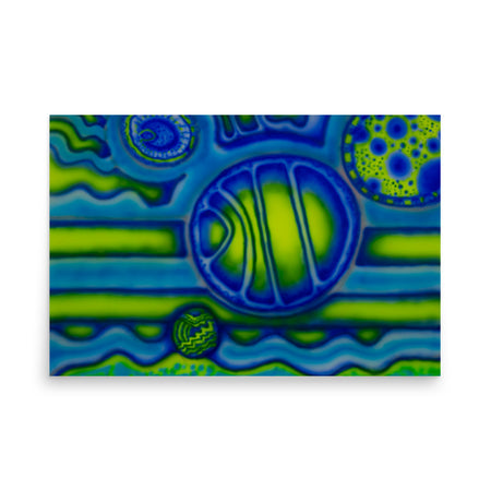 an airbrush painting in neon blues and lime greens with spheres radiating energy and horizontal lines of color behind them 16"x20"