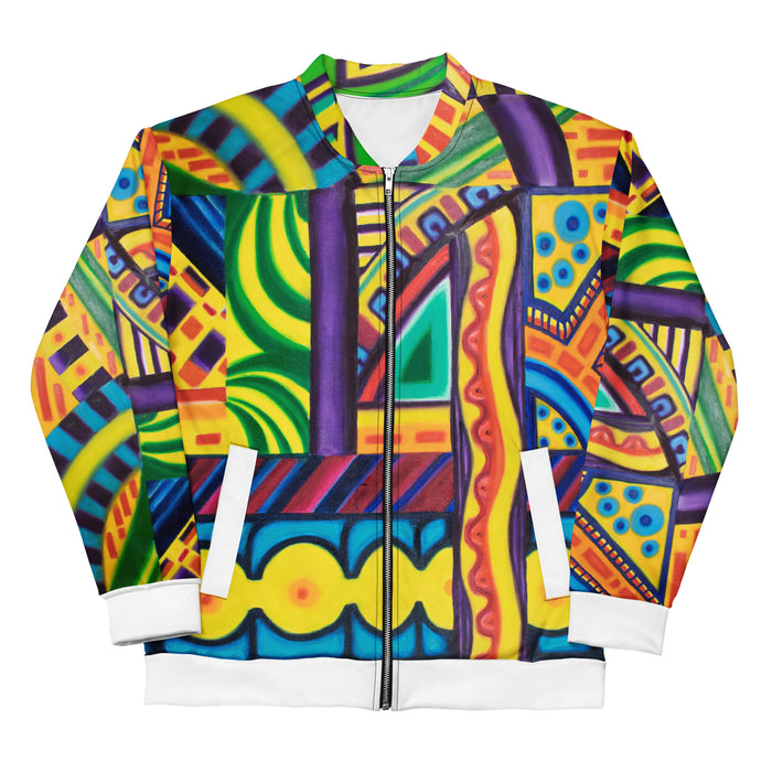 bomber jacket with an all over multicolored, geometric design.