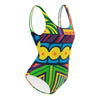  an original art one piece womens swimsuit with a multicolored all over psychedelic print of geometric shapes