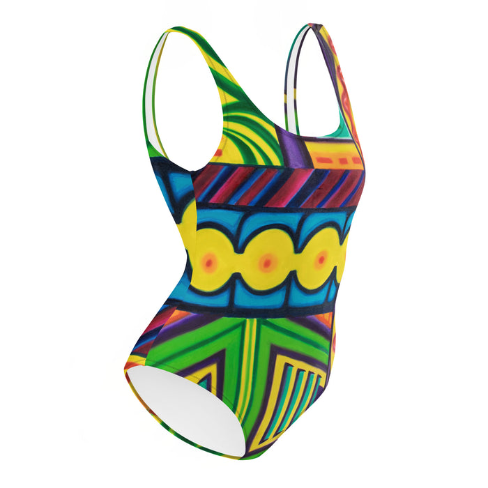  an original art one piece womens swimsuit with a multicolored all over psychedelic print of geometric shapes