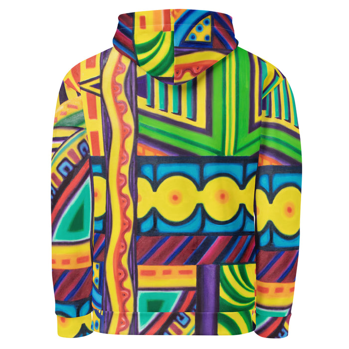 original multi colored psychedelic all over print hoodie in a painterly style