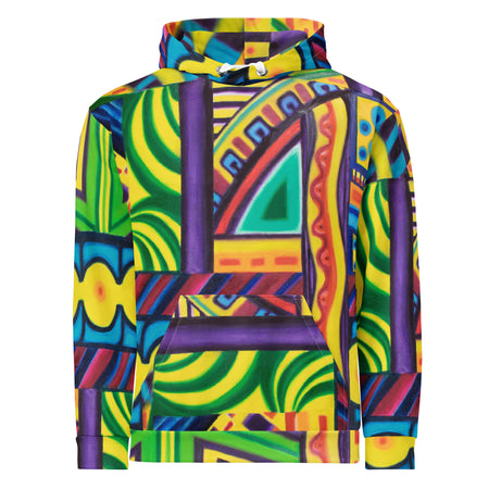 abstract art hoodie with a multicolor all over psychedelic print in geometric shapes