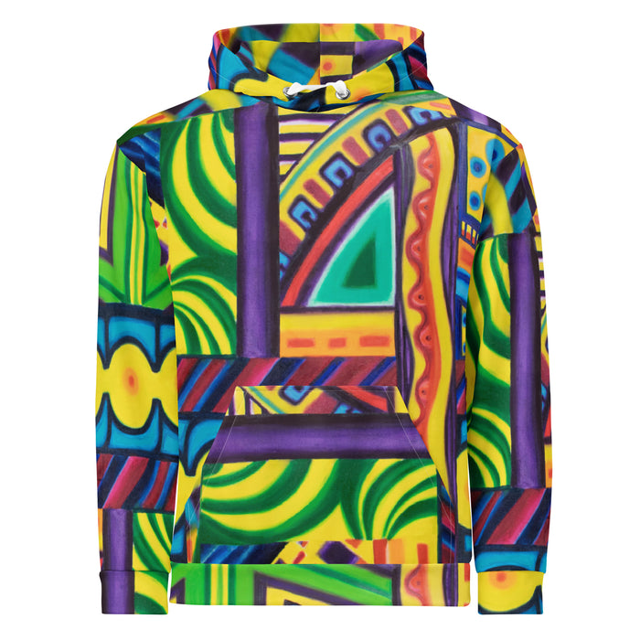 abstract art hoodie with a multicolor all over psychedelic print in geometric shapes