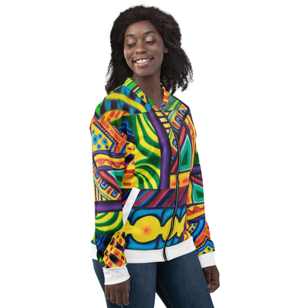 Person wearing a colorful psychedelic patterned hoodie on a white background