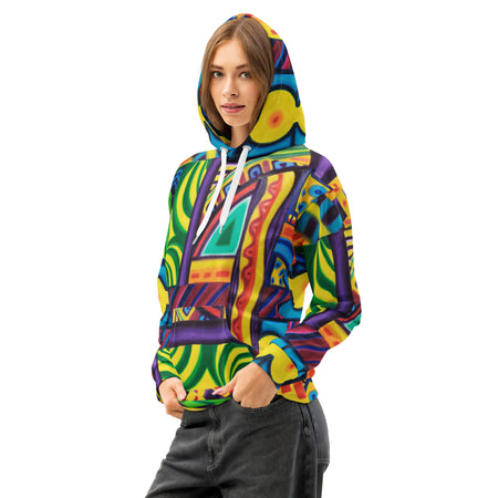 woman wearing an abstract art hoodie with a multicolor all over psychedelic print in geometric shapes