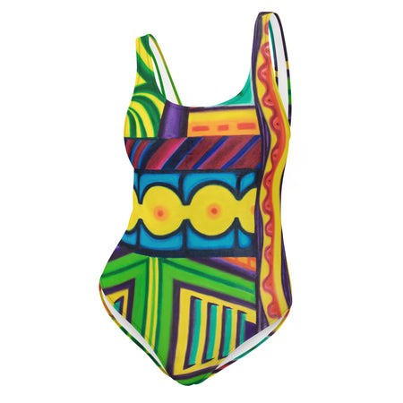  an original art one piece womens swimsuit with a multicolored all over psychedelic print of geometric shapes