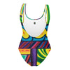  an original art one piece womens swimsuit with a multicolored all over psychedelic print of geometric shapes