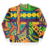 bomber jacket with an all over multicolored, geometric design.