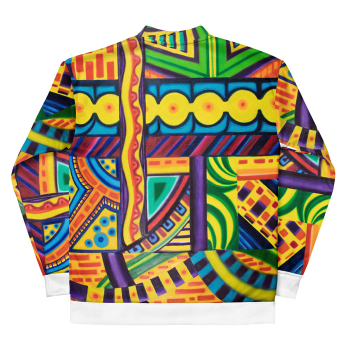 bomber jacket with an all over multicolored, geometric design.