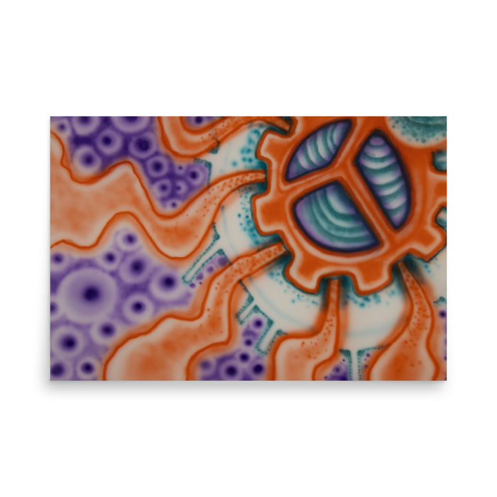 an abstract painting in bright oranges, turquoises and purples of a spinning cog like circle radiating energy 
