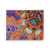an abstract painting in bright oranges, turquoises and purples of a spinning cog like circle radiating energy 
