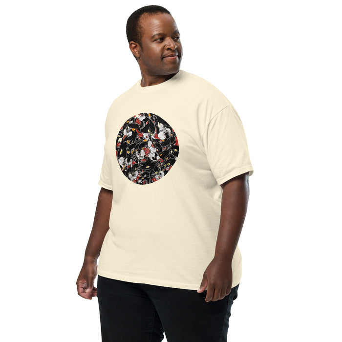 man wearing a beige t-shirt with circular image of many tattoo illustrations of a black panther head tightly overlapping each other in the circle