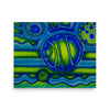 acrylic  airbrush painting in neon blues and lime greens with cellular spheres radiating energy and horizontal lines of color behind them 