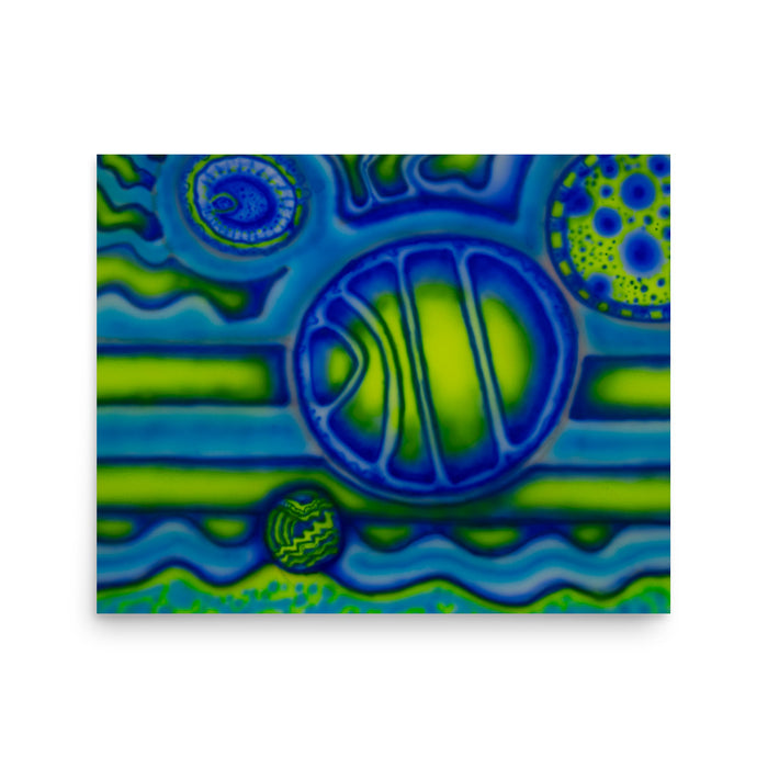 acrylic  airbrush painting in neon blues and lime greens with cellular spheres radiating energy and horizontal lines of color behind them 