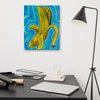 Product psychedelic banana painting radiating waves of blue, turquoise, and green energy bands in a visionary art style hanging by desk