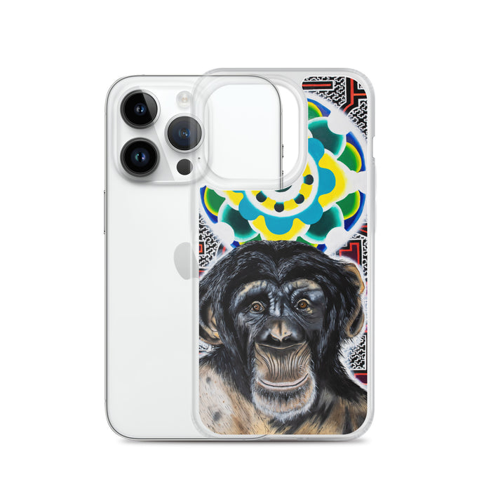 plastic phone case with face of chimp with a psychedelic background