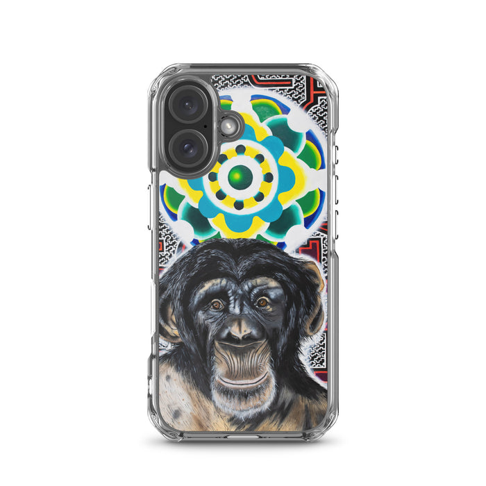 plastic phone case with face of chimp with a psychedelic background