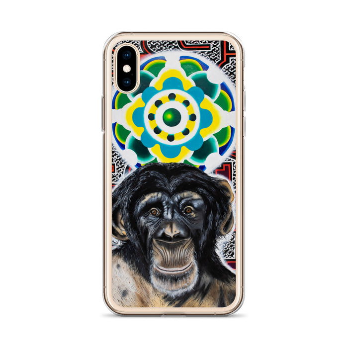 plastic phone case with face of chimp with a psychedelic background