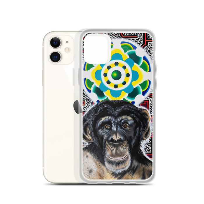 plastic phone case with face of chimp with a psychedelic background