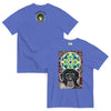 light blue t-shirt with a young chimpanzees face in front of a turquoise, green, and yellow psychedelic mandala with a background illustrated by pulsating geometric red and purple forms