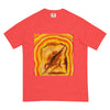 neon orange t-shirt with a grilled cheese radiating psychedelic bands of color.