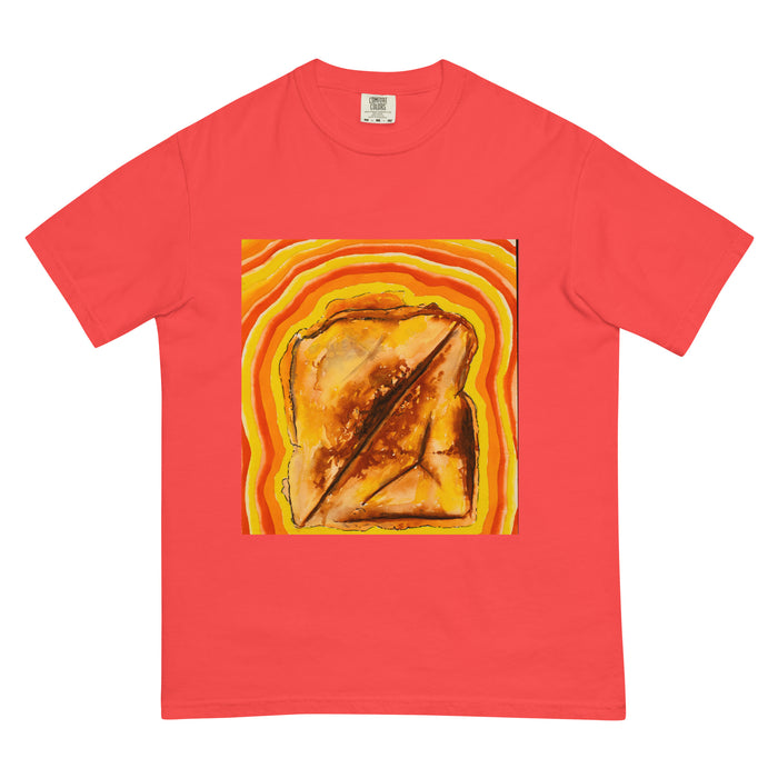 neon orange t-shirt with a grilled cheese radiating psychedelic bands of color.