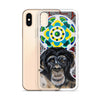 plastic phone case with face of chimp with a psychedelic background