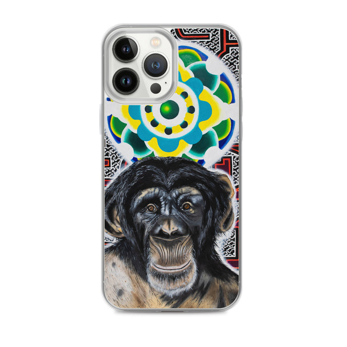plastic phone case with face of chimp with a psychedelic background