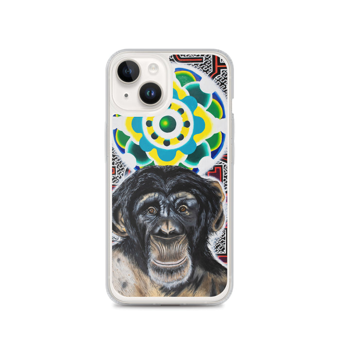plastic phone case with face of chimp with a psychedelic background