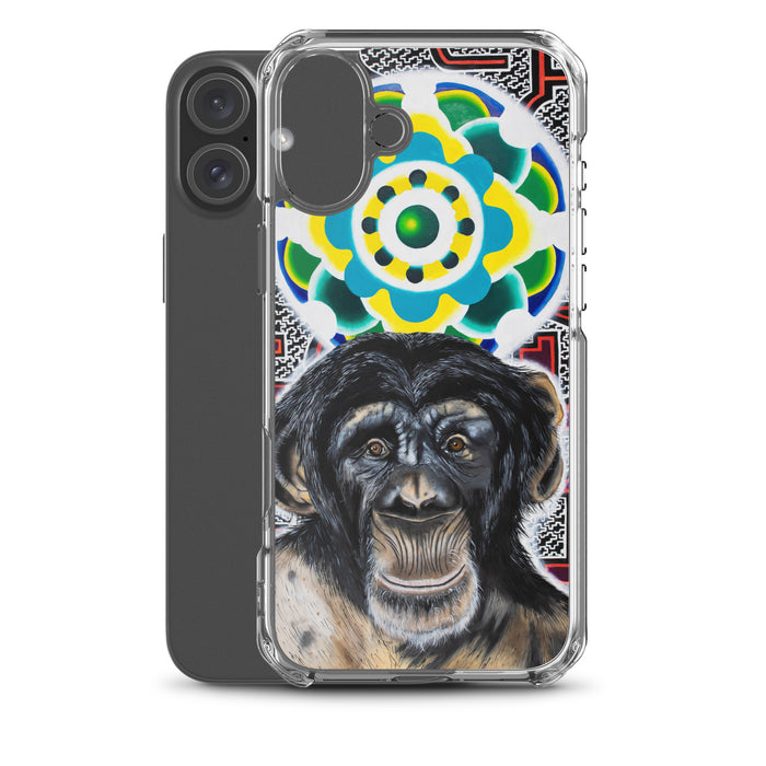 plastic phone case with face of chimp with a psychedelic background
