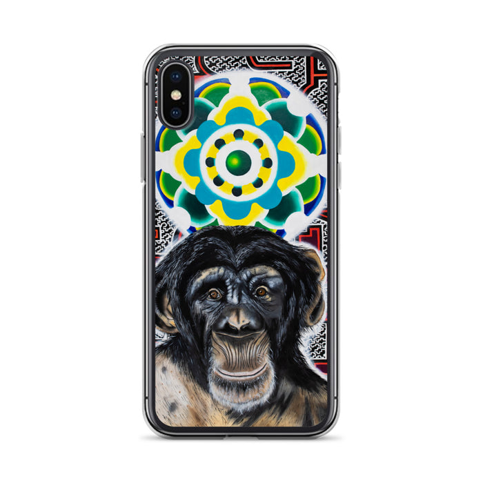 plastic phone case with face of chimp with a psychedelic background