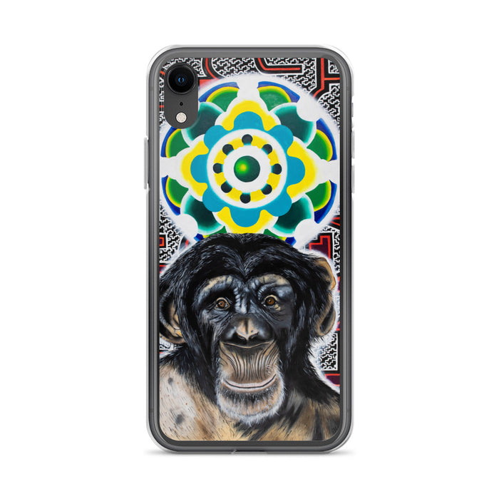 plastic phone case with face of chimp with a psychedelic background
