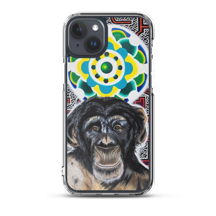 plastic phone case with face of chimp with a psychedelic background
