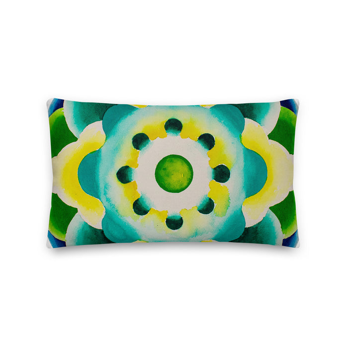 rectangular throw pillow with aqua colored circular mandala art