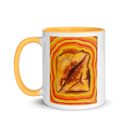 white and yellow mug with original artwork of a grilled cheese sandwich