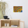 geometry based psychedelic painting in reds, blues, oranges, and yellows using circles and arcs on a living room wall